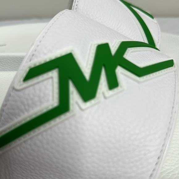 MICHAEL KORS NWT MEN’S WHITE GREEN LEATHER SLIDES SANDALS SIZE 12 - Picture 2 of 9